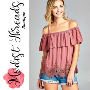 Pink Flounce Off The Shoulder Woven Crinkle Top